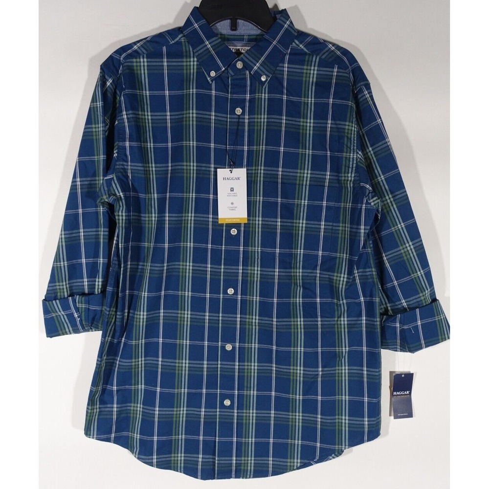 Haggar Casual Shirt Men Small Easy Care Stretch Technology Comfort Fabric Blue